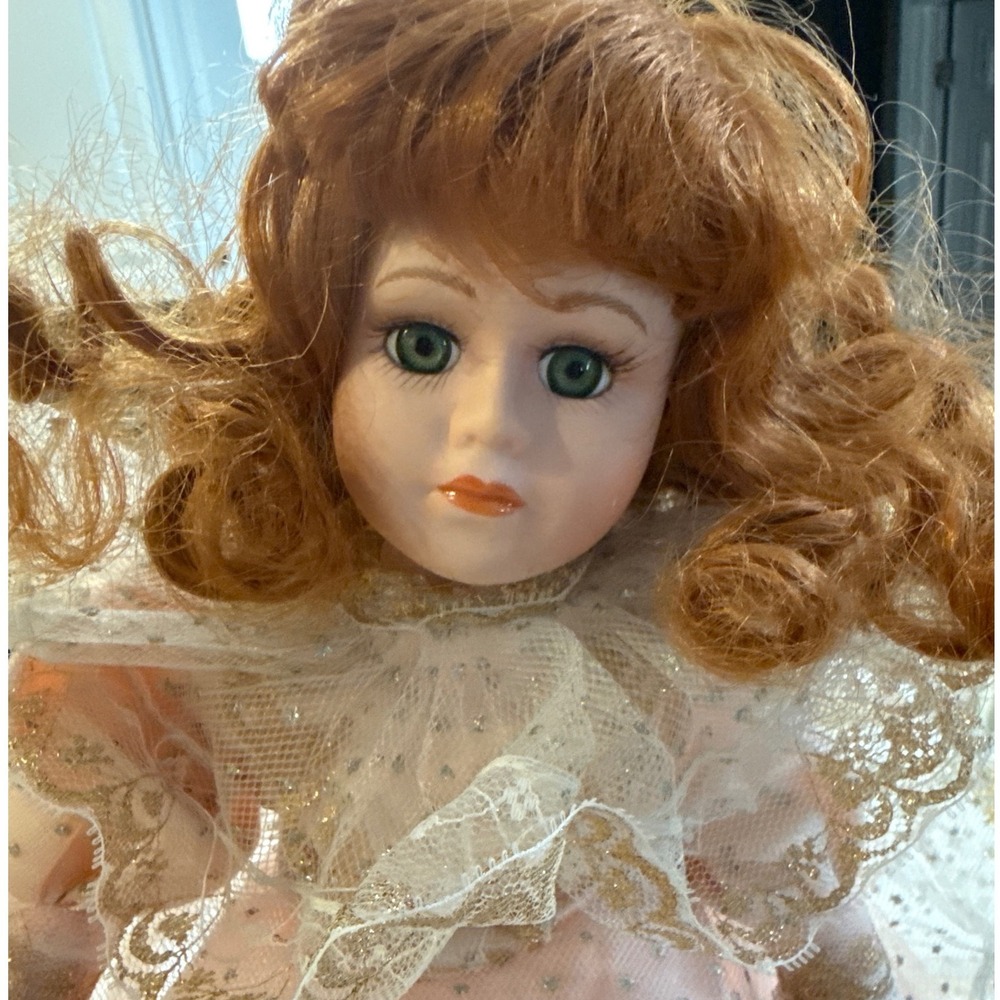 Vintage Porcelain Collector Doll‎ Pink Lace Tiered Gown Ginger Hair Green Eyes